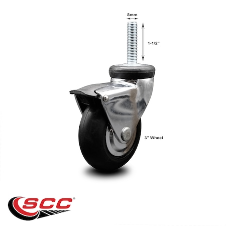 Service Caster 3 Inch Chrome Hooded Neoprene Rubber 8mm Threaded Stem Caster with Brake SCC SCC-TS03S310-NPRB-BC-B-M815